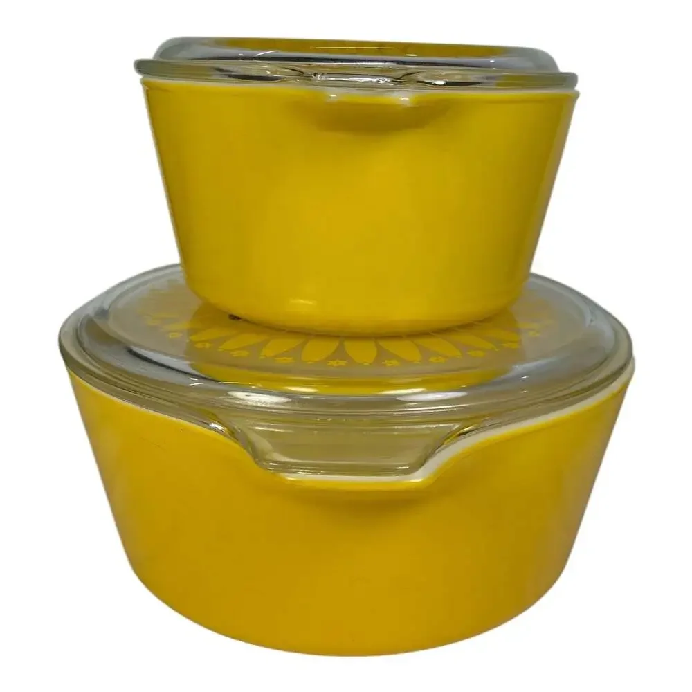 Vintage Pyrex Yellow Sunflower Daisy 475 473 Casserole Dish w/ Lids 2.5 Qt 1 Qt